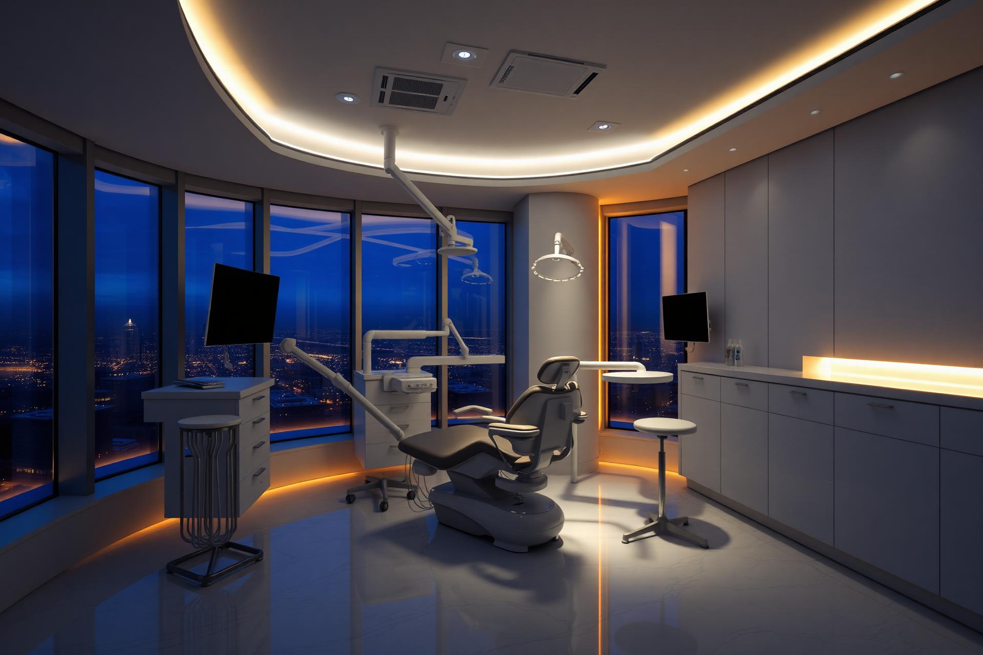 Interior of Dr. Amit Sharma Dental Hospital operatory at twilight