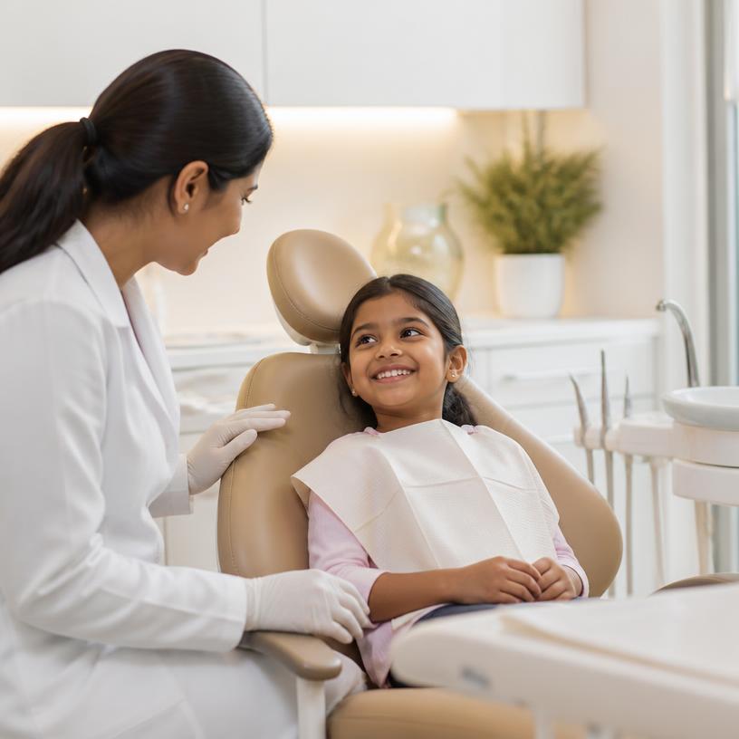 Paediatric dentist reassuring a child in the dental chair