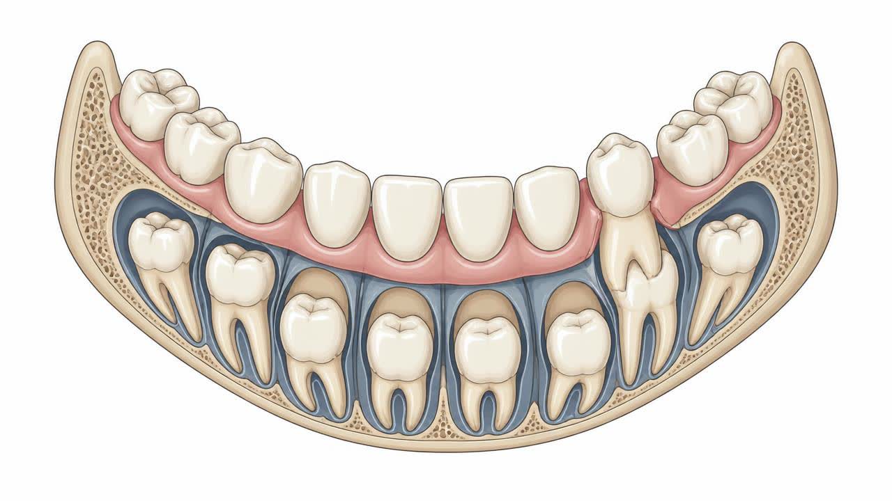 Cutaway of a child's lower jaw showing milk teeth with permanent teeth developing in the bone beneath and one erupting.